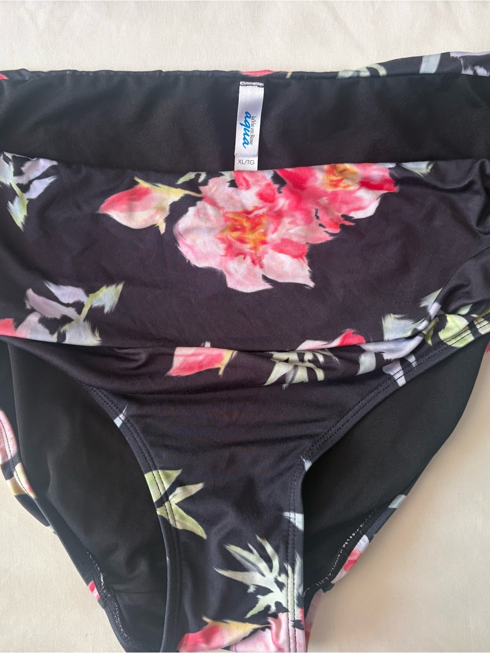 Aqua Black Floral Fold-Over One-Piece Swim
